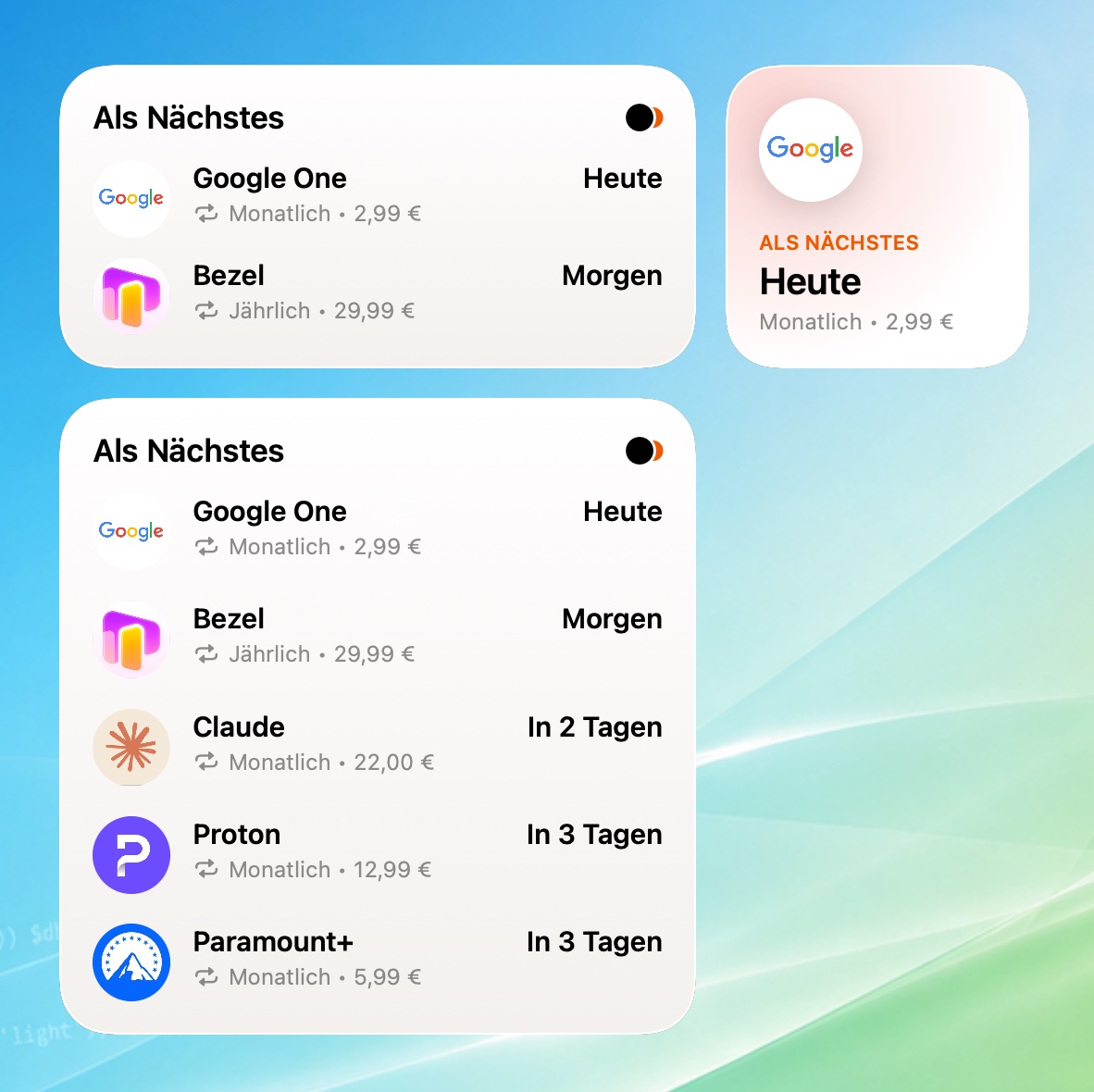 Widgets in drei Größen